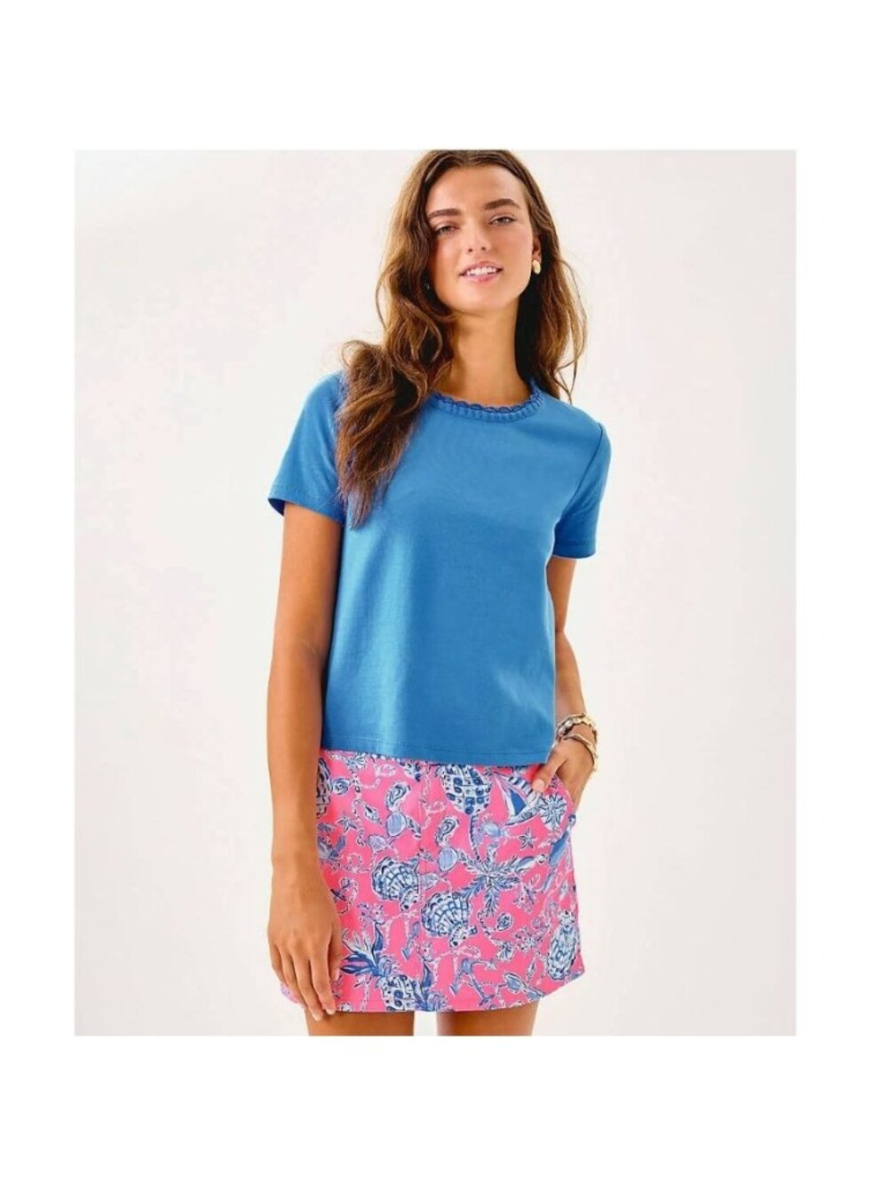 Lilly Pulitzer Clairmont Crochet Trimmed Knit Blue Short Sleeve Top XL